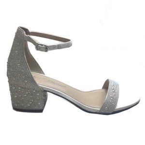 Betsey Johnson Mari Ivory Pearl Rhinestone Studded Ankle Strap Block Heels Sz 8
